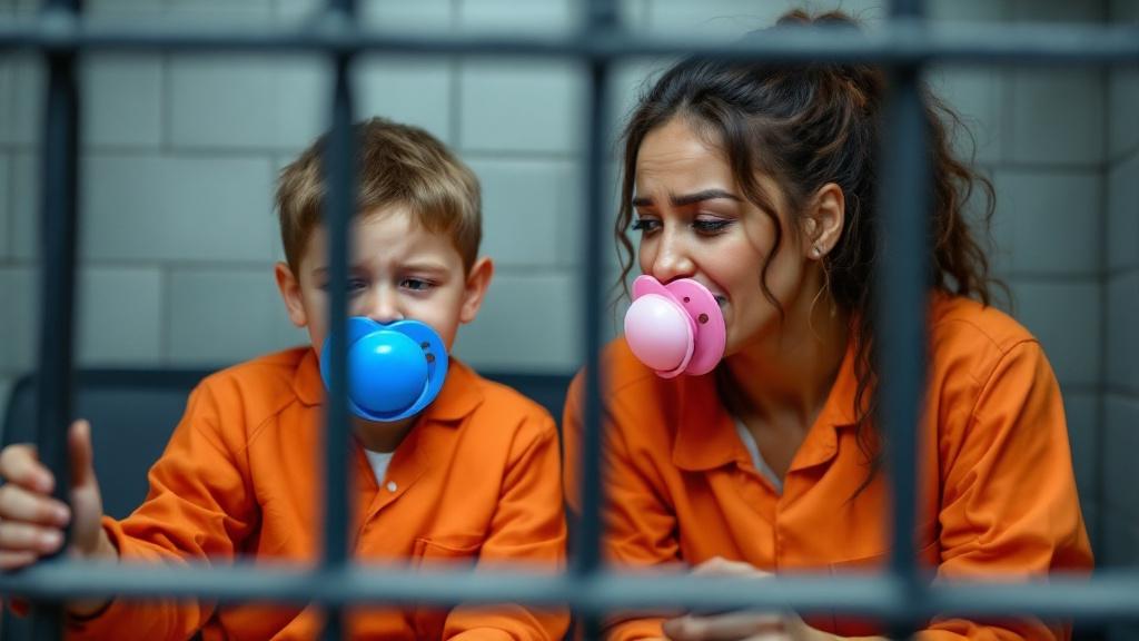 Mother and son in a jail cell wearing orange jumpsuits and oversized pacifiers. Child has blue pacifier; mother has pink pacifier. Mother explains prison rules playfully while pretending to be sad. Both are happy about spending time in prison together.
