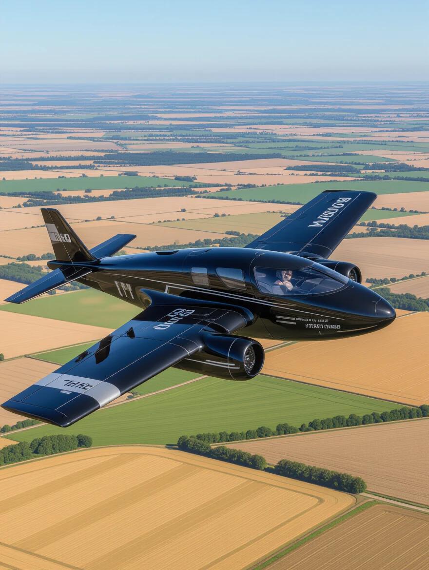 Medium-sized ultra-futuristic black plane flying over green and golden rural fields. Plane features cutting-edge design and technology. Scene depicts expansive agricultural land below. Ideal for showcasing advanced aircraft concept.