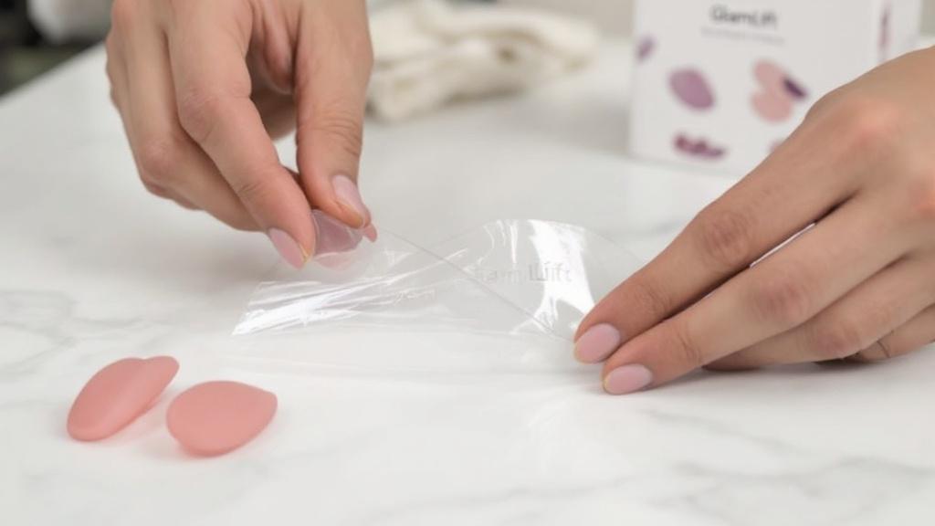Close-up of hands peeling protective film from silicone nipple covers. Clean surface. GlamLift packaging blurred in background.