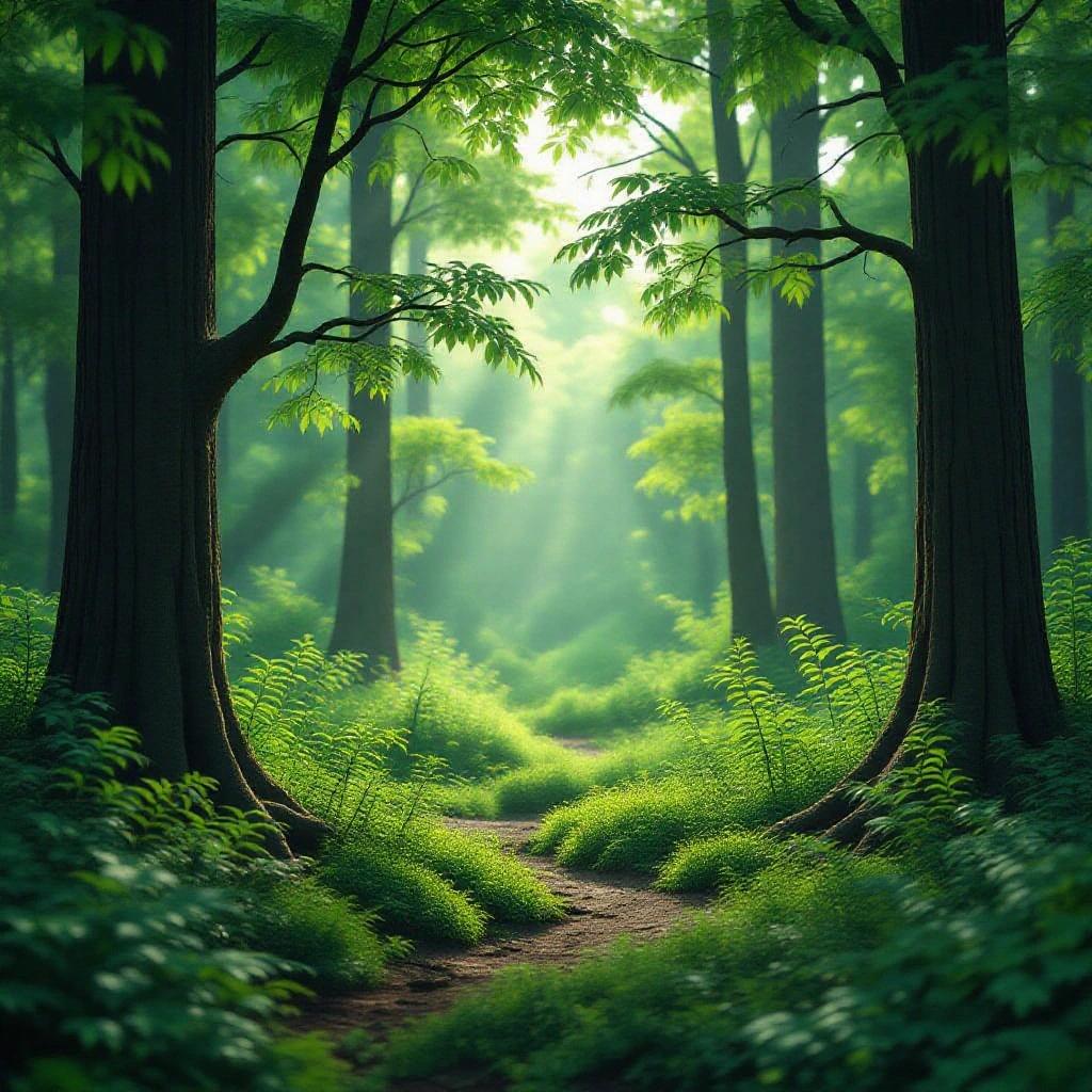 3D rendering of a serene forest scene with lush greenery soft diffused sunlight filtering through trees calming healing power of forest beauty