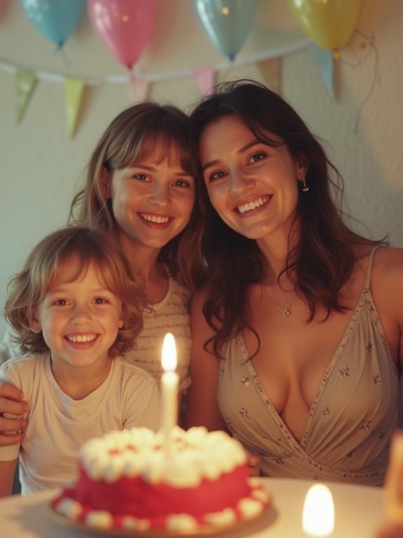 Beautiful mother with two children at a birthday party. Cake with candle on table. Colorful balloons in the background. Warm lighting creates a joyful mood. Mother dressed elegantly. Children excited and engaged.