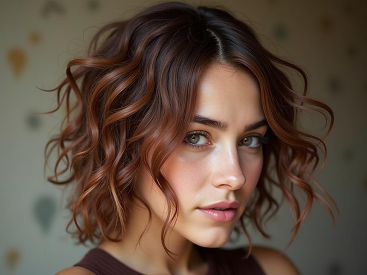 This image shows a person with styled hair, featuring rich textures and colors. The background appears soft and abstract, enhancing the overall aesthetic. The individual's features are obscured, focusing the attention on the unique hairstyle. Various tones of light are reflected on their hair, creating a shiny effect. The expression and identity of the individual are hidden, creating an air of mystery.