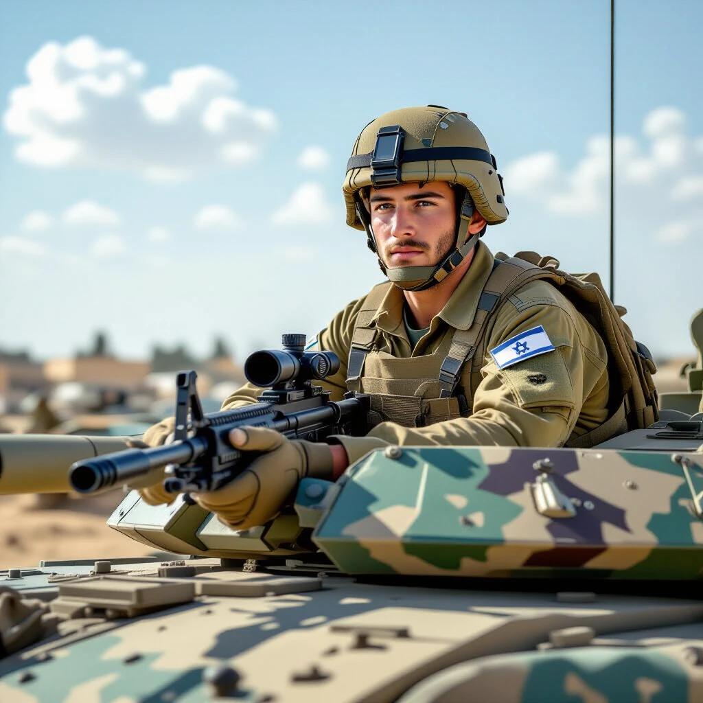 Realistic young soldier on an Israeli tank in Gaza. Combat-ready posture with a firearm. Tan and green camouflage outfit. Tank showing military details. Sky with soft clouds in background.