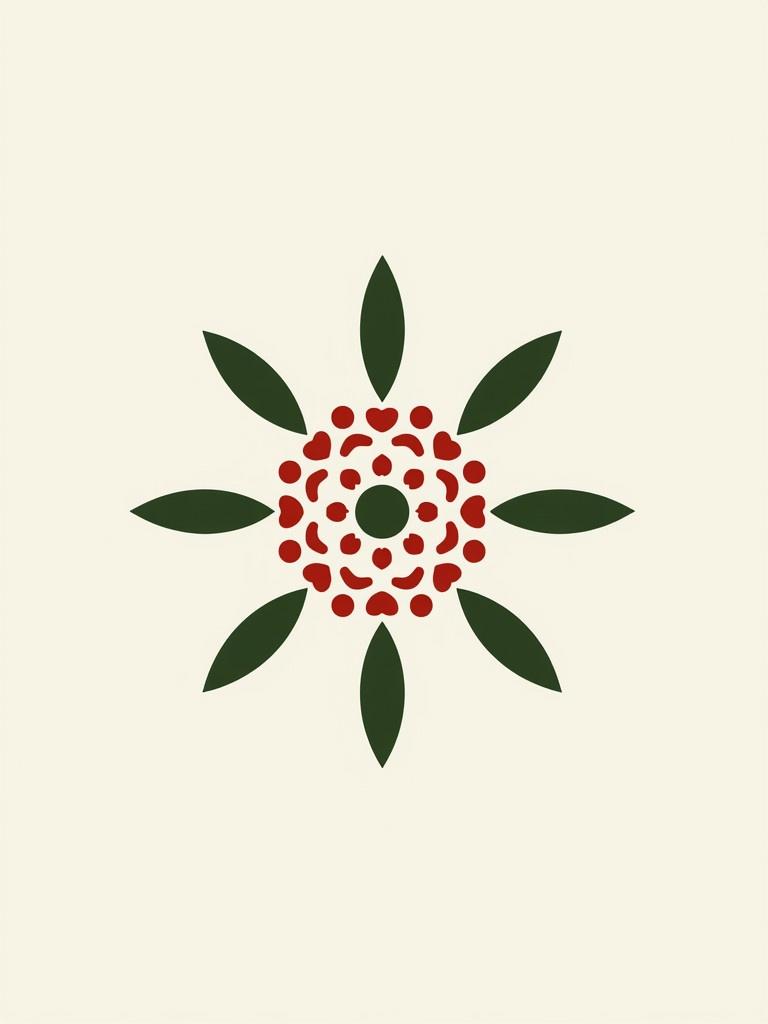 Design features a symmetrical flower icon. Central design is surrounded by petal shapes. Colors include greens and reds against a cream background. Evokes nature and artistry.