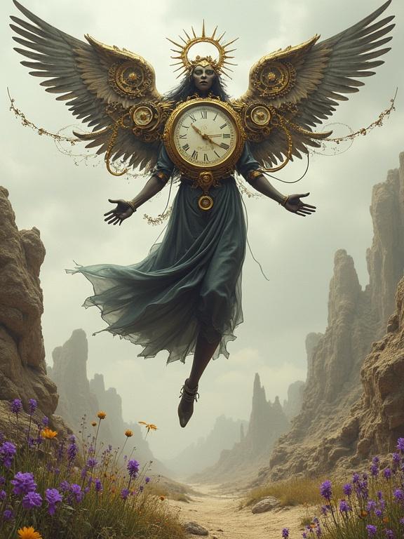 An androgynous angel hovers with wings made of clocks and gears over a wasteland. Melted clocks grow like flowers. Sundials rest on eroded rocks. Violet winds carry paper petals with ancient letters.