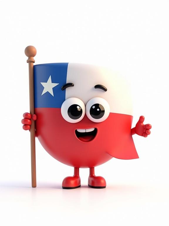 A cute animated flag character representing Chile with large eyes and a smile. Features little arms waving hello. Created in 3D. Bright colors with a white background. Suitable for children's content.