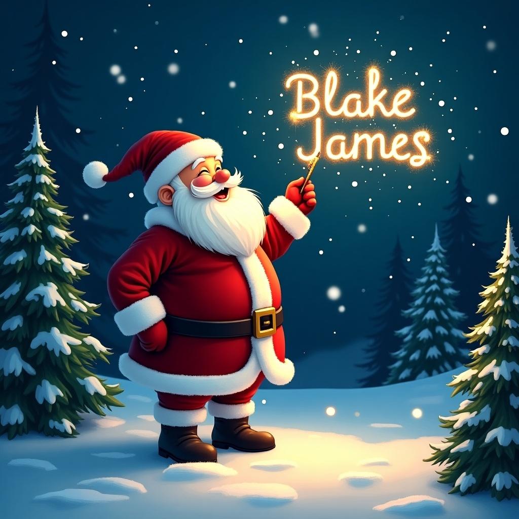 Santa Claus in red and white suit writes the name Blake James with sparkler at night. Snow covers the ground; evergreen trees around. Scene conveys magical festive mood.