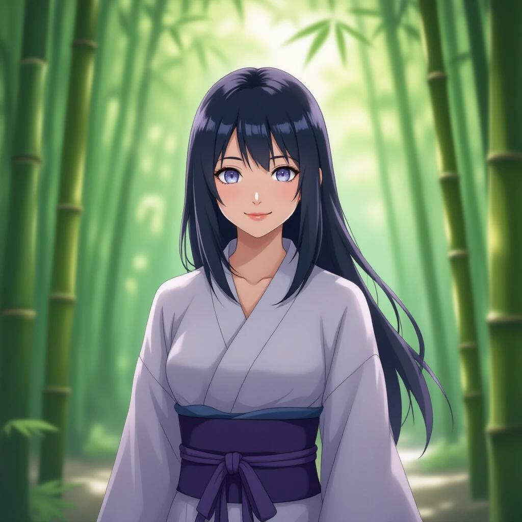 Full-body portrait of a female character inspired by Hinata Hyuga. Standing in a bamboo garden. Soft sunlight filtering through the bamboo. Gentle shy smile. Pale lavender eyes with anime influence. Long dark hair with side-swept bangs. Wearing a purple crop top and navy pants. Humble posture with hands clasped. Semi-realistic art style with painterly elements.