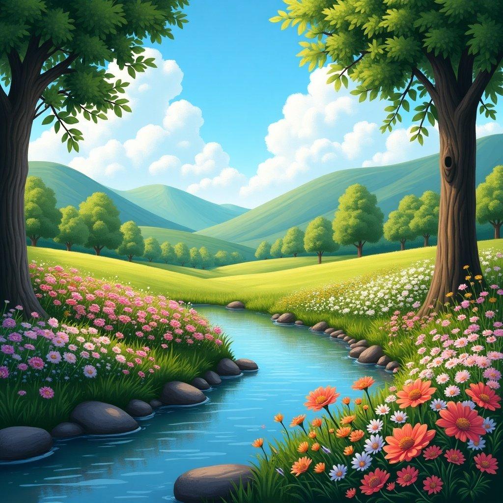 A serene landscape featuring a calm river surrounded by flowering plants. The background includes green hills and trees under a bright blue sky with fluffy white clouds.