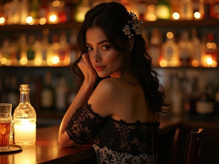 A woman sits at a bar counter. She wears a black and white lace dress. Her dark hair has flowers. Spectacular warm lighting fills the scene. Bottles of alcohol are on shelves behind her. The setting merges vintage and modern styles for a luxurious feel.