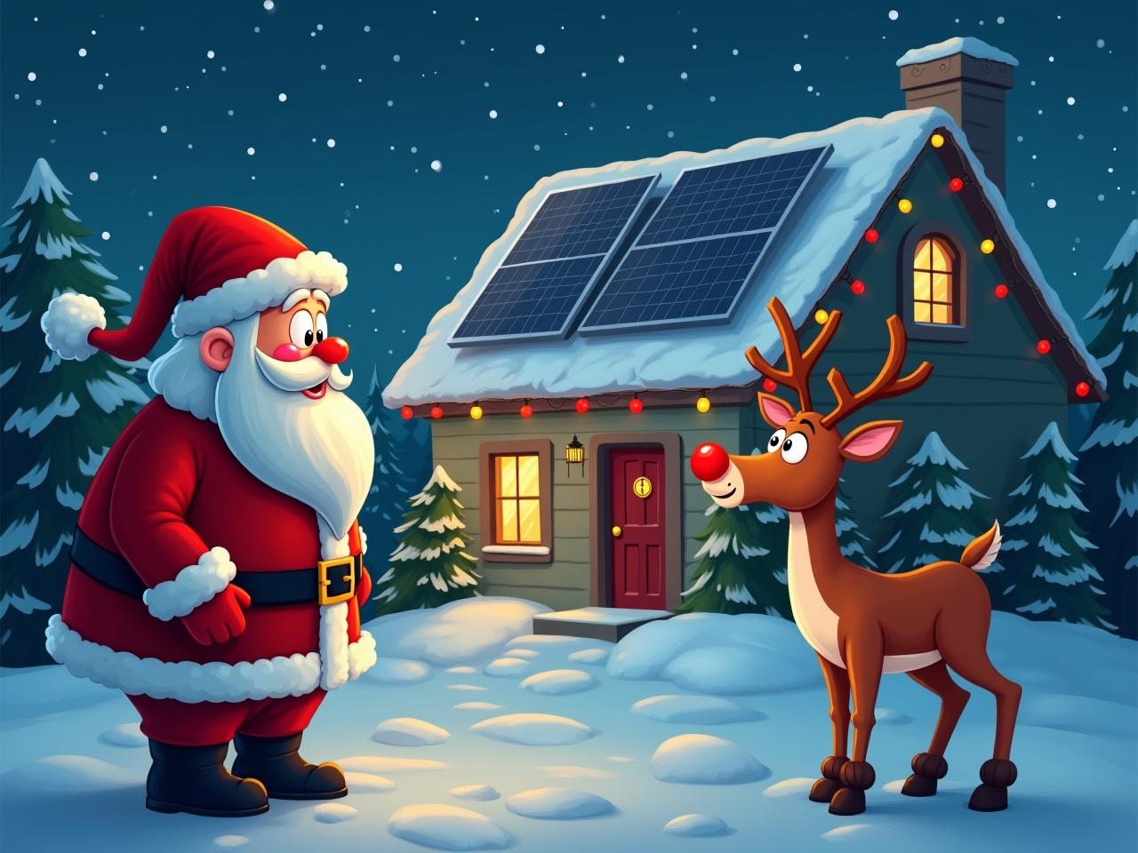 Scene with Santa Claus and Rudolph in front of a house decorated with Christmas lights and solar panels. The house is surrounded by snow-covered trees. It's a cartoon style illustration.