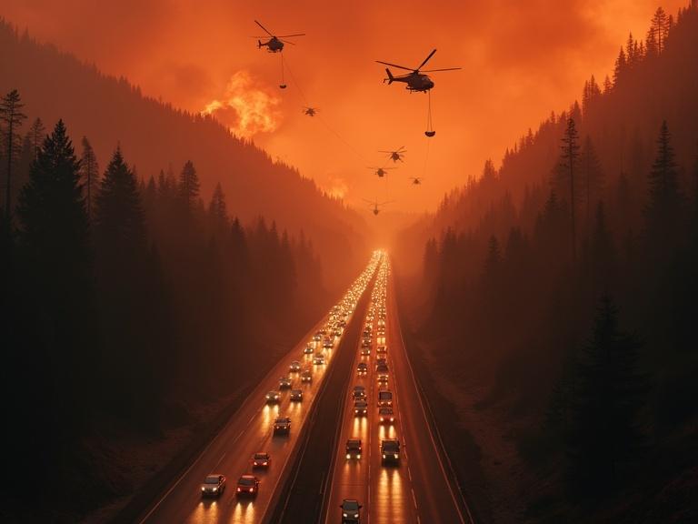 Cinematic shot of a multi-lane highway in a coniferous forest. The highway descends from a misty hill. Raging forest fires create a hellish glow, obscuring the horizon with smoke. Vehicles evacuate in a panic, headlights on. Rescue helicopters fly above with water buckets. The sky is oppressive orange-red, creating a mood of urgency and disaster.