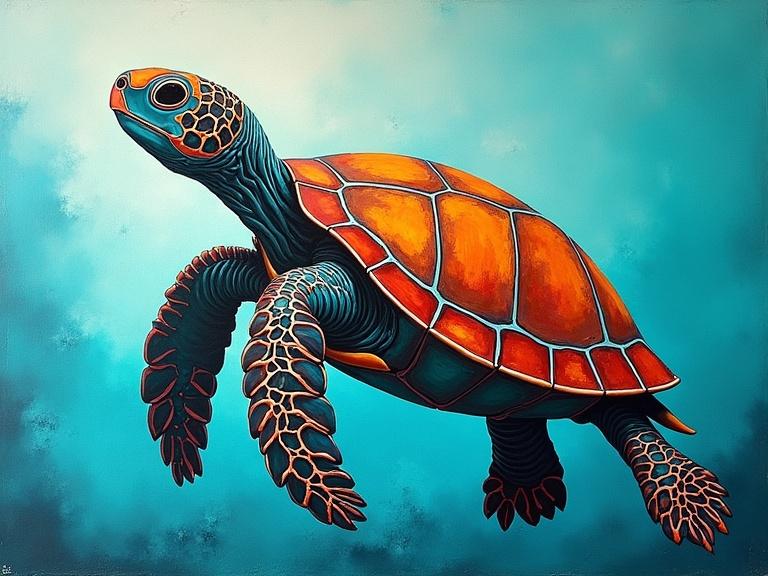 Navajo inspired abstract painting of a turtle in turquoise shades. Turtle swims with vibrant colors and details.