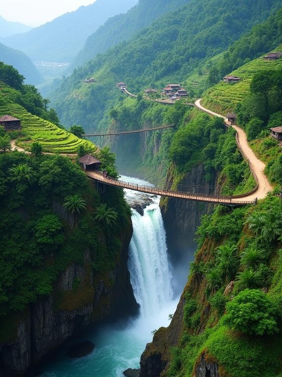 A breathtaking mountaintop scene with a winding dirt road. The road navigates through lush green cliffs. A suspension bridge crosses a powerful waterfall. The waterfall cascades into a deep blue river below. Dense tropical forest surrounds the area. Terraced fields and small huts are scattered throughout. The image highlights the dramatic beauty of untouched nature and adventurous roads.