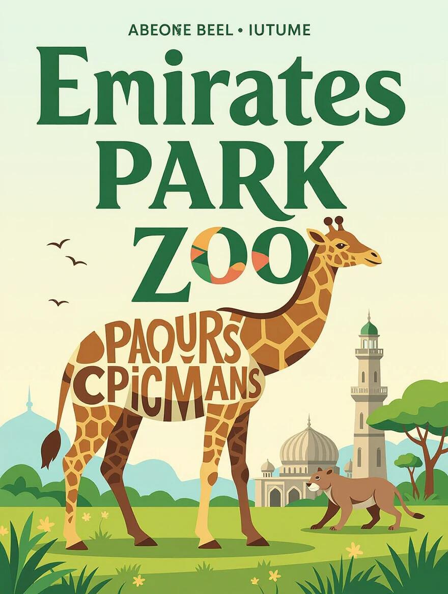 Create a poster depicting Emirates Park Zoo. Typography forms the shape of a giraffe and presents zoo-related text. Include a lush landscape and iconic structures. Use aesthetic fonts for a vibrant look.