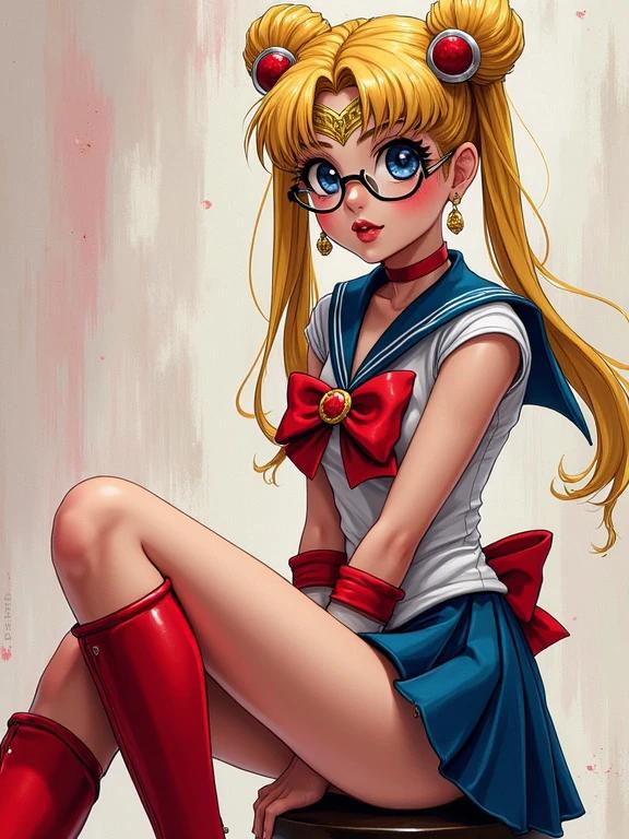 A Sailor Moon cosplay. She wears glasses and a tight minidress. She has knee-high red boots. She has large bright eyes and long eyelashes. Her lips are full. The artwork is outlined with black marker and has fuzzy edges. The lighting and shading are perfect. The background is random colorful and dramatic minimalist abstract art. The image shows a close-up view from the side of her sitting on a stool. Signature by DEIVID MIRANDA.