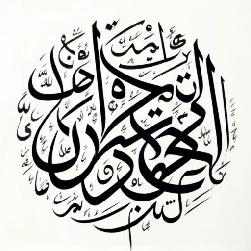 Handwritten Arabic calligraphy. The names أَنَّ اللَّهَ سَخَّرَ لَكُم مَّا فِي السَّمَوَاتِ وَمَا فِي الْأَرْضِ. The calligraphy is in a circular shape filling the entire area.