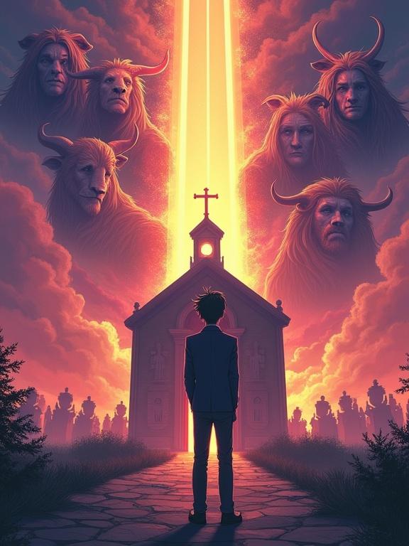 Dramatic book cover in manga style for teens. A lone high school student in a blazer and school pants. Standing in front of a small chapel. Chapel illuminated at dusk. Four celestial figures behind him, symbolizing a spiritual throne. Background suggests a mysterious enemy. Deep cinematic lighting with twilight purple and golden rays. Space for spine and text. Appeals to anime and fantasy fans.