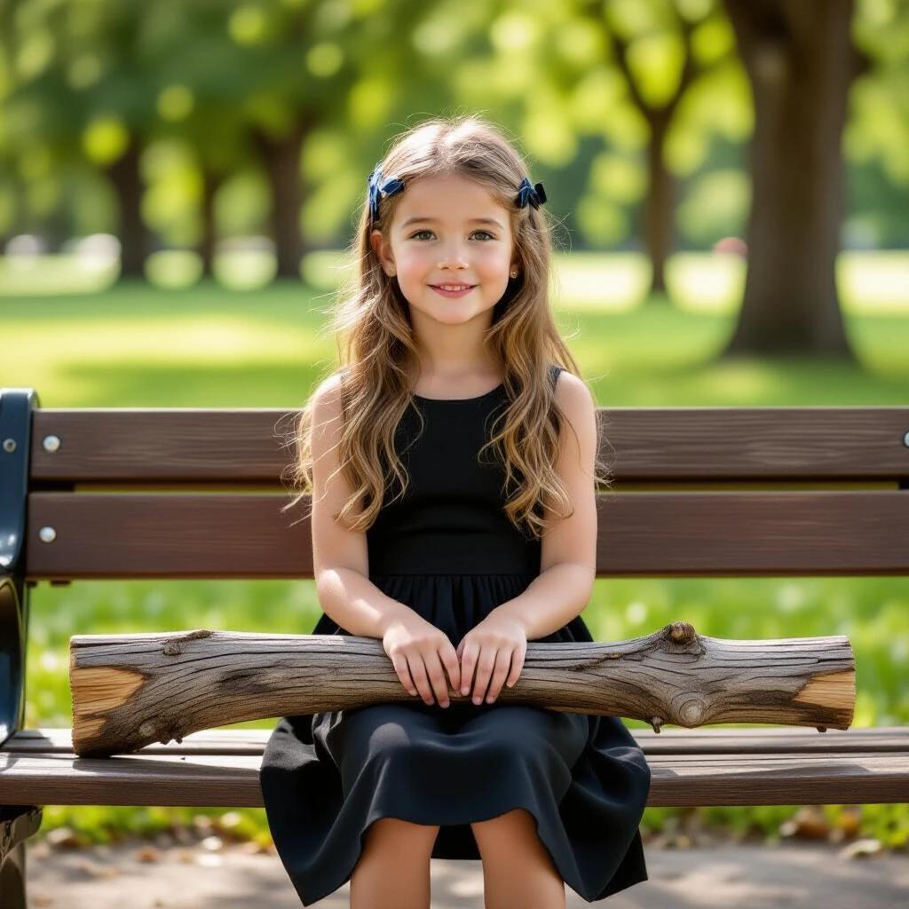 A girl sits on a bench in a park wearing a black dress. She holds a log across her lap. The setting is filled with trees and soft sunlight. A serene atmosphere surrounds her.