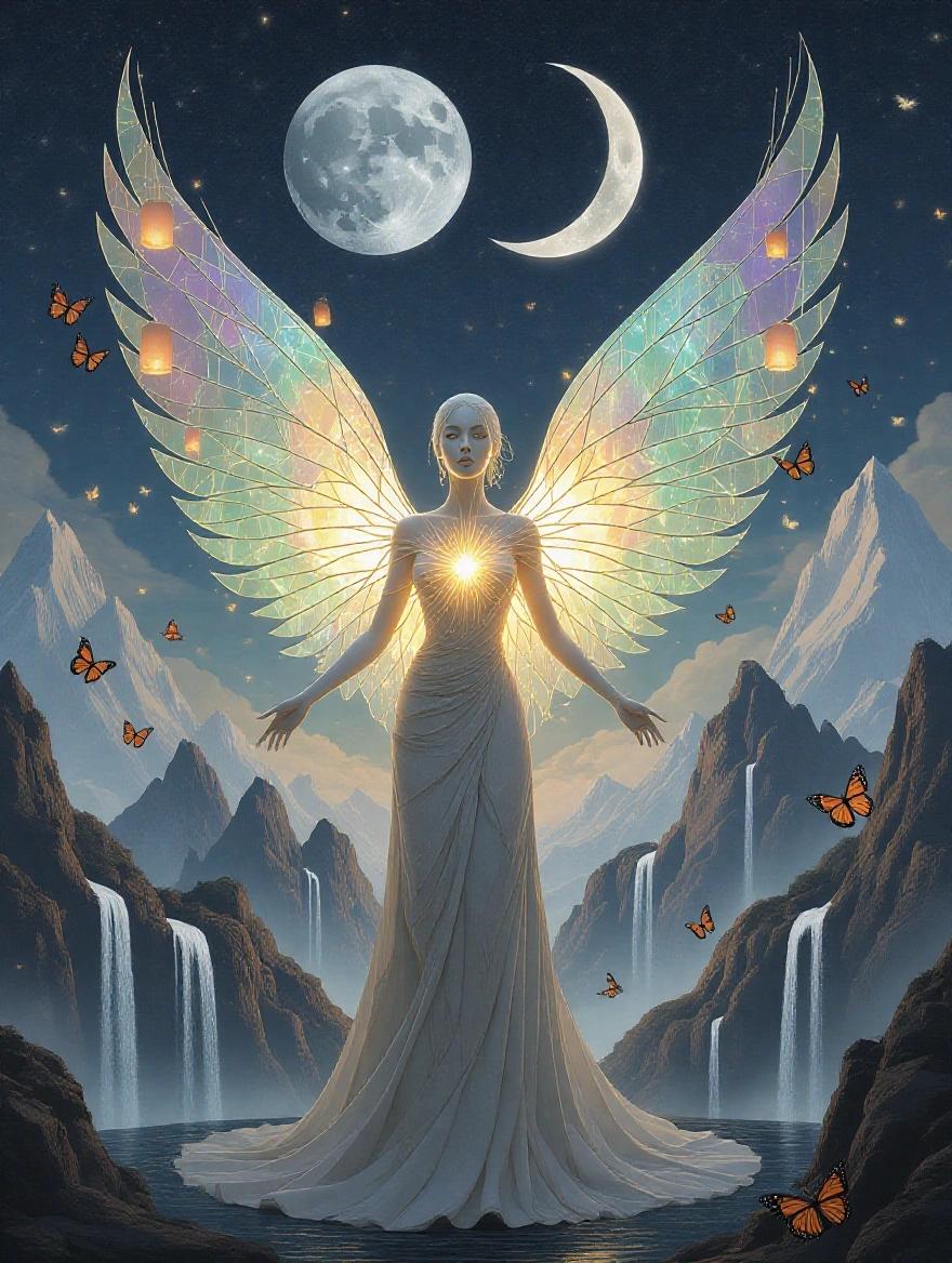 An ethereal female figure with skin resembling cracked porcelain. Inner golden light shines through. Wings made of iridescent silk threads. Loom floats above floating mountains with snow caps. Waterfalls flow upwards. Paper lanterns with messages ascend. Two moons meet in a rare eclipse. Monarch butterflies surround the figure, transforming into stardust.