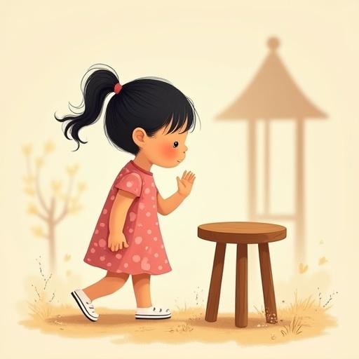 A storybook-style flat illustration. A young girl named Leila is walking toward a wooden table in her imagined house. She has medium-toned skin and short black hair in a ponytail, wearing a pink polka-dotted dress. The atmosphere is dim and dusty, creating a sense of discomfort.