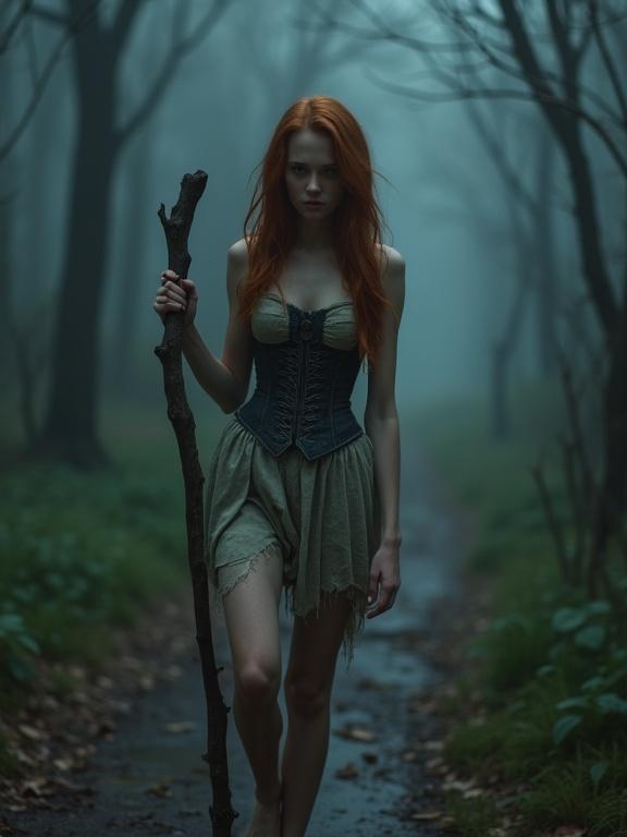 A photorealistic scene of a girl in a misty wooded trail at night. She has long auburn hair, light blue eyes, and wears a tattered corset dress. She walks barefoot, holding a gnarled wooden staff. A sad expression appears on her face.