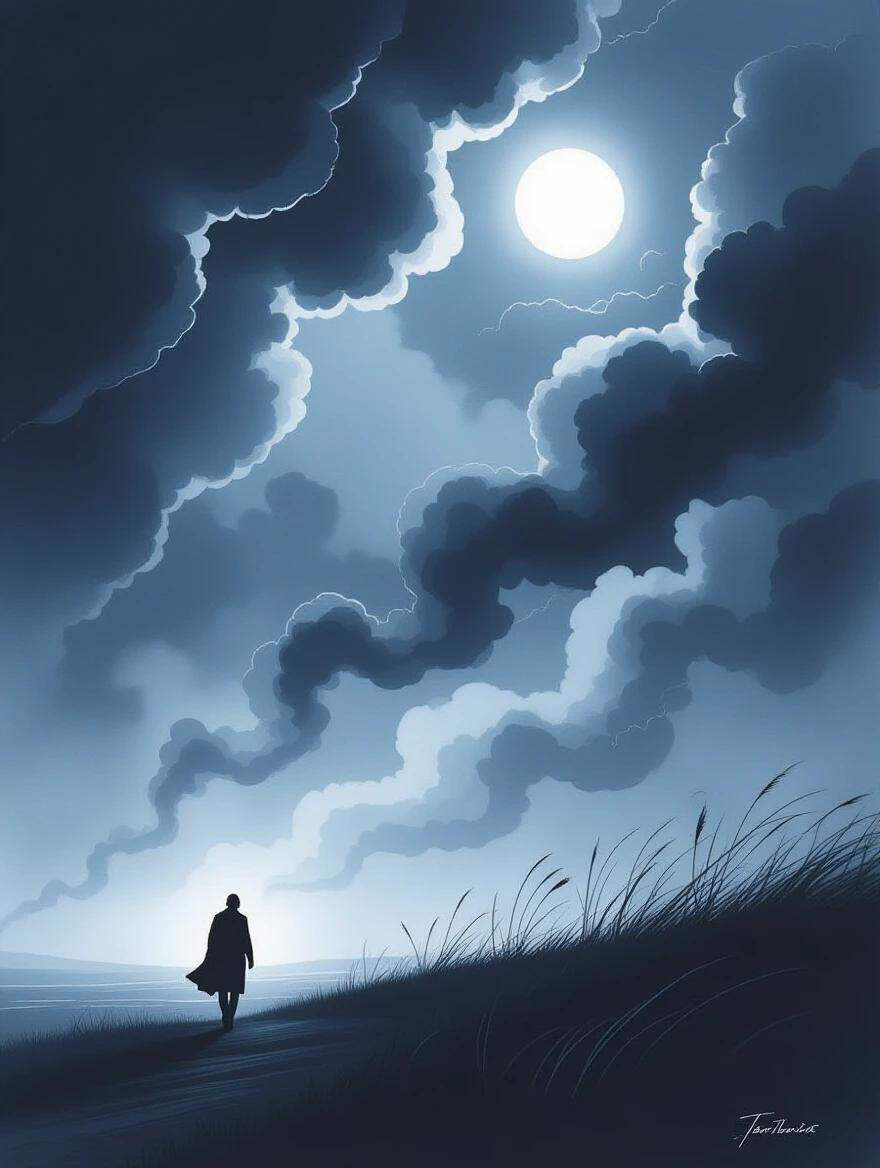 A wide landscape scene. A solitary figure walks against the wind on the left third of the frame. The silhouette is filled with glowing city lights in a double exposure style. Cold white moonlight cuts through dark storm clouds. Drifting ink ribbons are caught in swirling wind. Deep shadows create dramatic tension across the frame.