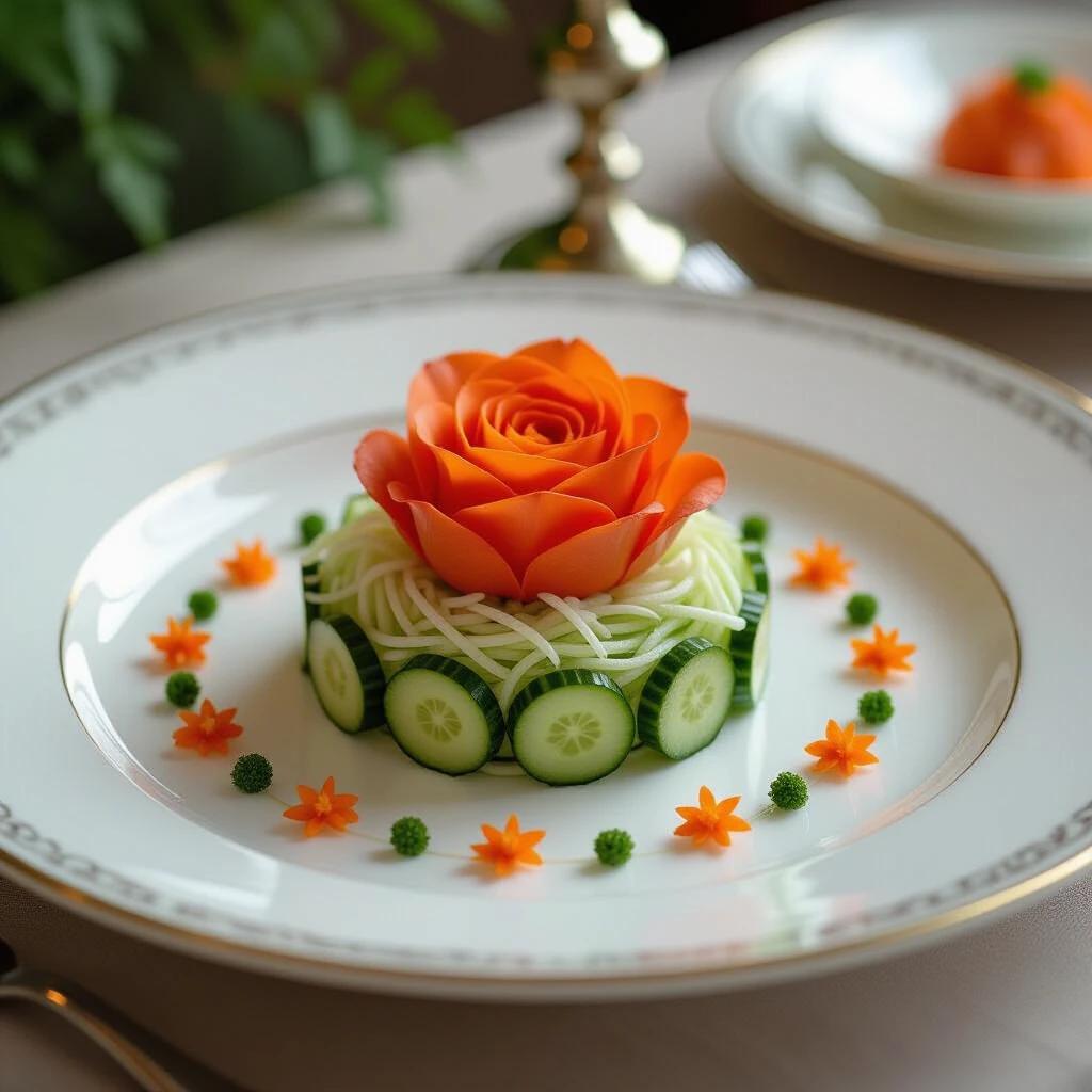 Sophisticated dish features finely chopped cucumber. Decoration includes professional tomato flower and grated carrot. Sliced onion forms a flower shape. Grated cabbage adds texture. Dish setup on elegant table with matching tablecloth. High-quality, realistic presentation.