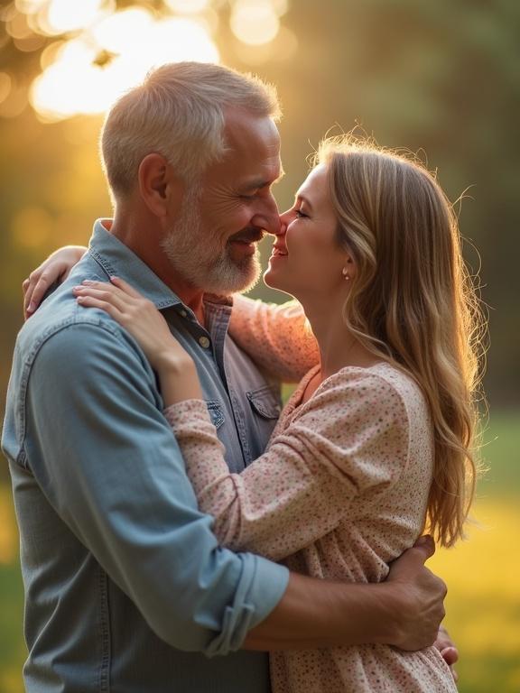 Family photo capturing the tender moment between a father and daughter. Warm sunlight in the background creating a golden atmosphere. They are holding each other closely. A peaceful park setting adds to the familial warmth.
