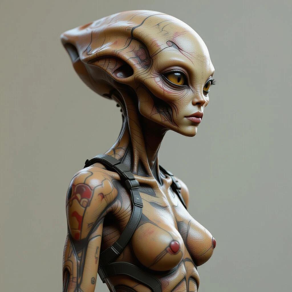 A female alien character in a side view, showing entire body with realistic and gritty details. The alien features unique anatomical characteristics and intricate designs on the skin.