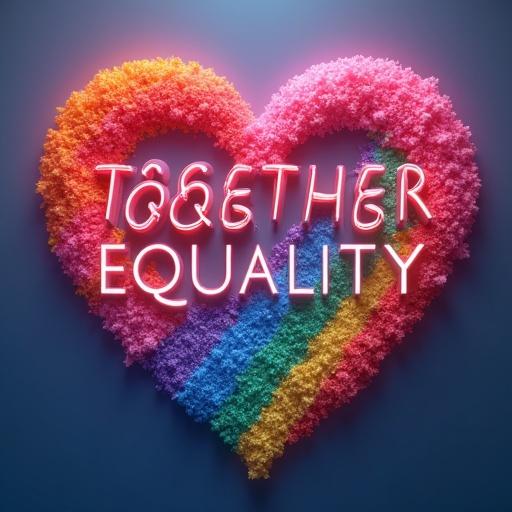 3D exquisite captivating movie poster with the title TOGETHER FOR WORLD EQUALITY in rainbow letters imbued with hearts. Features symbols of trans and pride flags and gender symbols. Photographic hyper-realistic design.