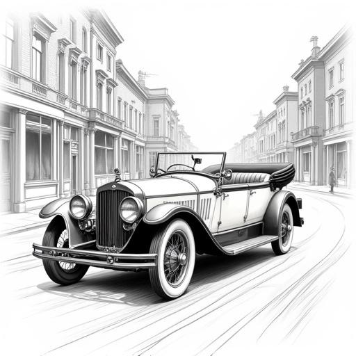 Dynamic black and white line art portrayal of a classic early 20th-century touring car. Captured from three-quarter front perspective that emphasizes its length and elegant proportions. Details include visible dashboard instruments, steering wheel, and upholstered seating. The car is situated on a city street lined with period buildings that recede into the distance. Drawn with clear perspective lines. The art style is characterized by fine, detailed linework and careful attention to both the vehicle's mechanics and the architectural environment.