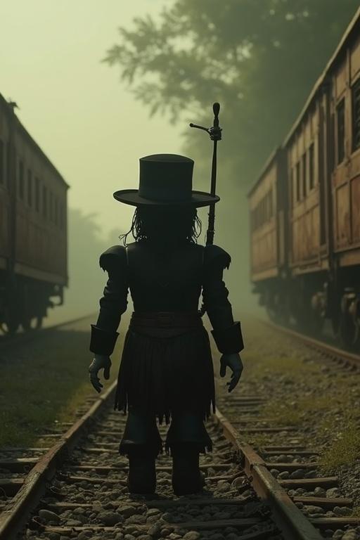 Character stands on a railway track surrounded by fog. The character wears a hat and holds a staff. Old train cars are visible in the background.