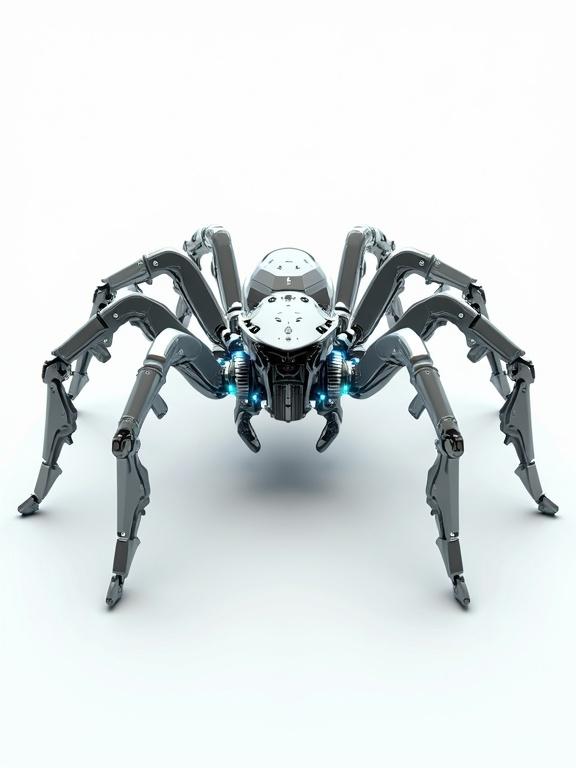 A 3D rendering of a robotic spider in a symmetrical design. Steampunk and bio-mechanical elements merge elegantly. Sharp low-poly geometric shapes form the body. Spider reflects light with different surfaces. Mechanical details with gears and pistons are visible. Its legs consist of articulated segments. Pulsing electric blue light shines from seams and joints. Floating polygonal shards orbit the figure. The pose is balanced and centered on a white background.