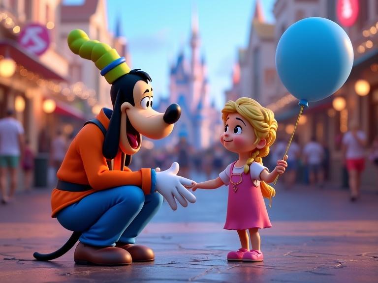 A lovable Animator in Goofy costume crouches on the ground giving a large blue balloon to a smiling girl with blond braids set against a vibrant busy Disneyworld amusement park background with dreamy colors in a fantasy style.