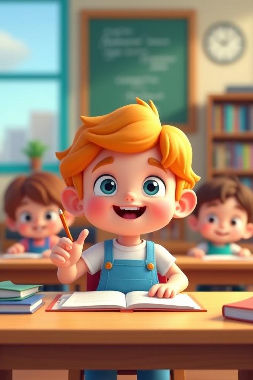 Happy cartoon children are studying in a vibrant classroom. Colorful books are around them. The atmosphere is cheerful and lively. The animation has a 3D style.