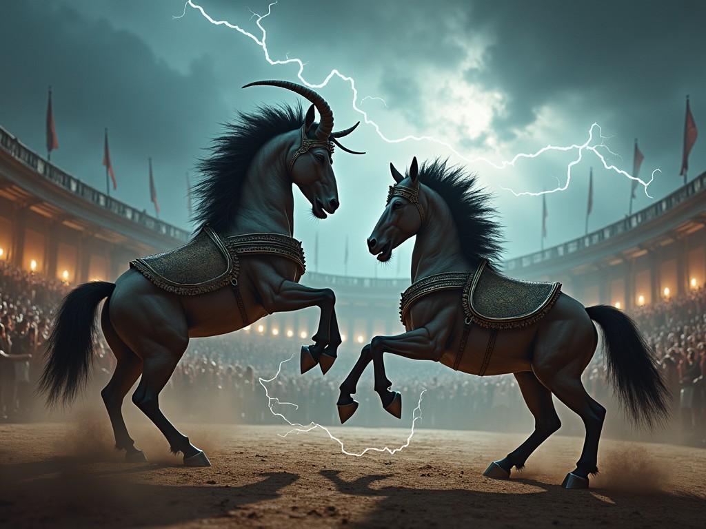 A battle-ready, creature in Greek mythology that is part human and part horse, two centaurs facing off to battle in armour, wielding a weapon with a strong pose reeling back on his hindquarter, from lighting at his feet, standing in arena ready for battle, with other (centaurs), the crowds are cheering, skies dark stormy with lighting. 8k resolution, contrasting colours, hyperrealism, fix faces