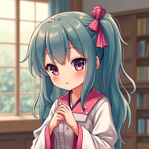Anime character with blue hair and pink ribbon. Setting is a room filled with shelves. Character appears contemplative and shy. She is wearing traditional attire with folds and accessories.