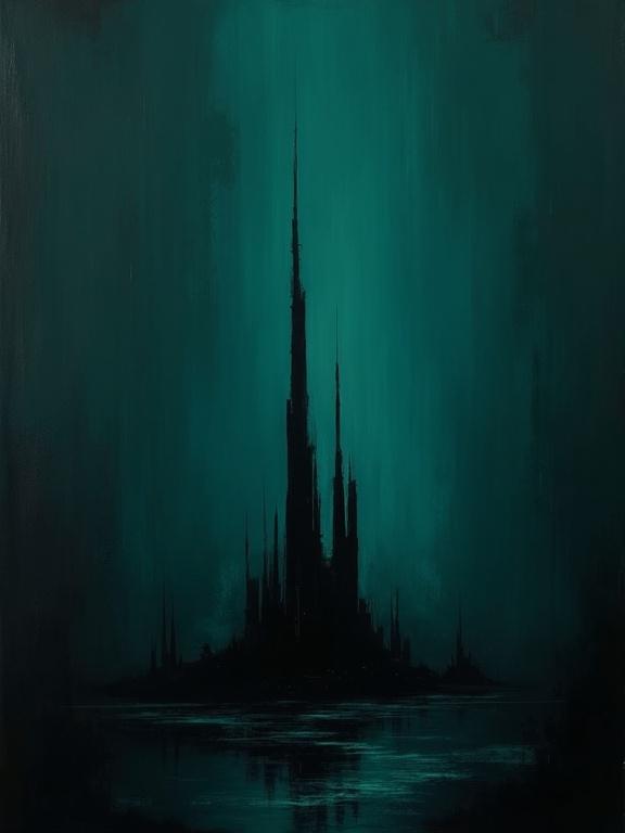 Digital oil painting featuring dark teal color theme and minimalist style. Structures blend in with a void setting. Utilizes harsh paint strokes and elements that are absurdist and unfinished. Depicts formless silhouettes against a completely black background.