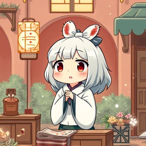 Anime character with fox ears stands in a cozy shop with flowers and soft lighting. Character has light hair and a gentle expression. Background includes whimsical decor and a calm atmosphere.