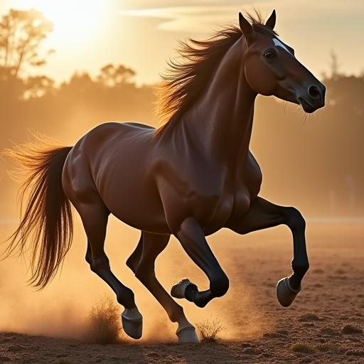 A strong and majestic horse running at sunset in a natural setting. The horse has a shiny coat that reflects the golden light. Dust is kicked up from the ground as it gallops.