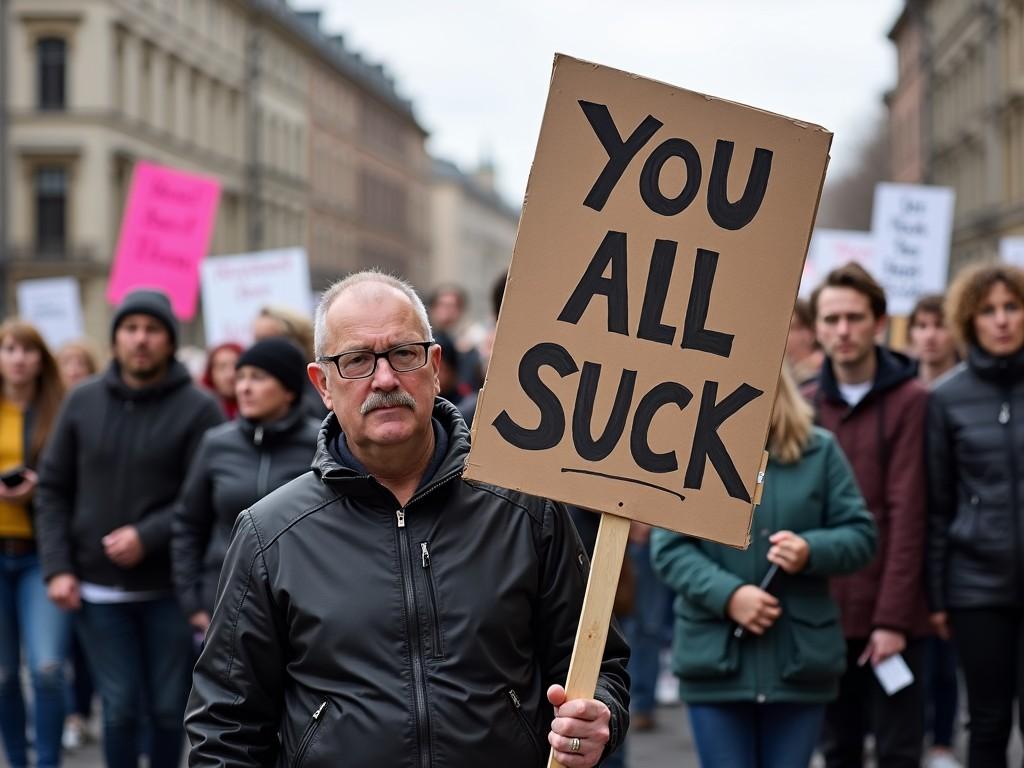 The image captures a protest scene featuring a middle-aged man standing out in the crowd. He holds a sign that boldly states 'YOU ALL SUCK.' The atmosphere is charged with a sense of dissent, as several participants can be seen in the background, each holding various signs. The crowd is diverse, suggesting a wide range of opinions among the attendees. The overall setting is urban, with buildings lining the street. The lighting is natural, hinting at a cloudy day which adds a somber tone to the imagery. It reflects the current societal issues being protested.