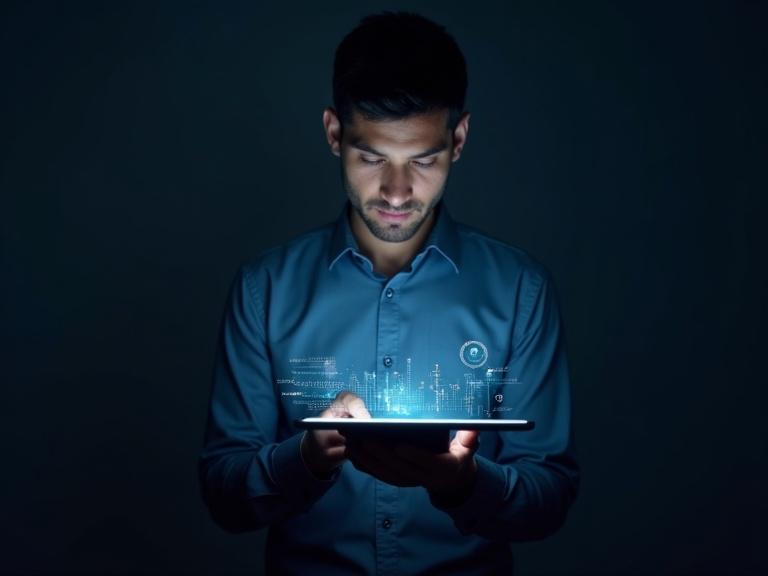 A man in a blue shirt using a tablet. Digital interface elements highlight future data trends for 2025. Soft lighting enhances modern tech ambiance. Dark background in a minimalistic style.