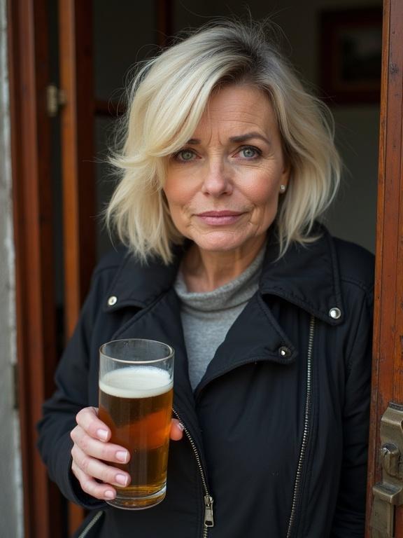 Mature woman with bleached blonde hair holding a beer stands in front of an apartment door.