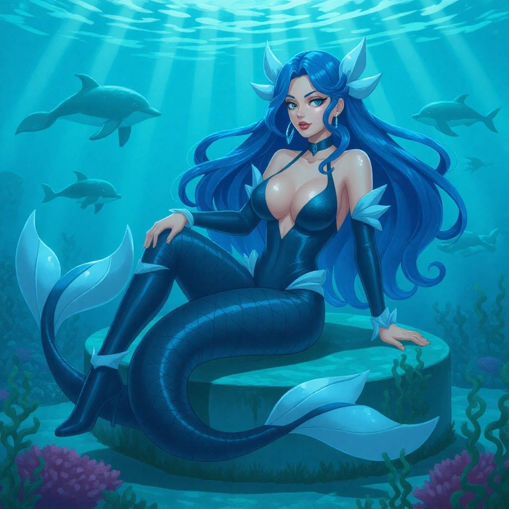 Lapras-inspired female figure in an aquatic environment. Sensual adult woman with curvaceous body on a marine base. One leg stretched out; the other bent. Tight-fitting mermaid-style outfit in navy blue tones. Long blue hair with bows resembling Lapras's ears. Seductive expression with intense sideways gaze. Bust enhanced clothing and thigh-high boots. Tail or marine elements envelop her figure. Base sculpted with water wave effects.