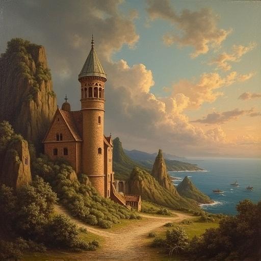 A picturesque castle on a cliff by the sea. The sun casts a warm glow on the scene. Mountains and a serene ocean are in the background. Lush greenery surrounds the castle.