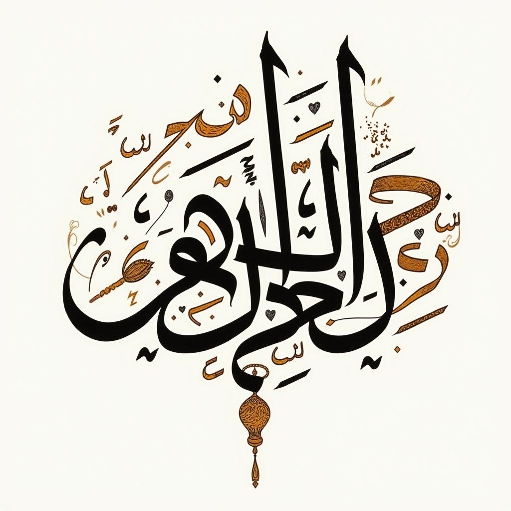 Calligraphy art using Diwani style with intricate design. Focus on Arabic script beauty. Text reads اكاديمية انجيل المسيح.