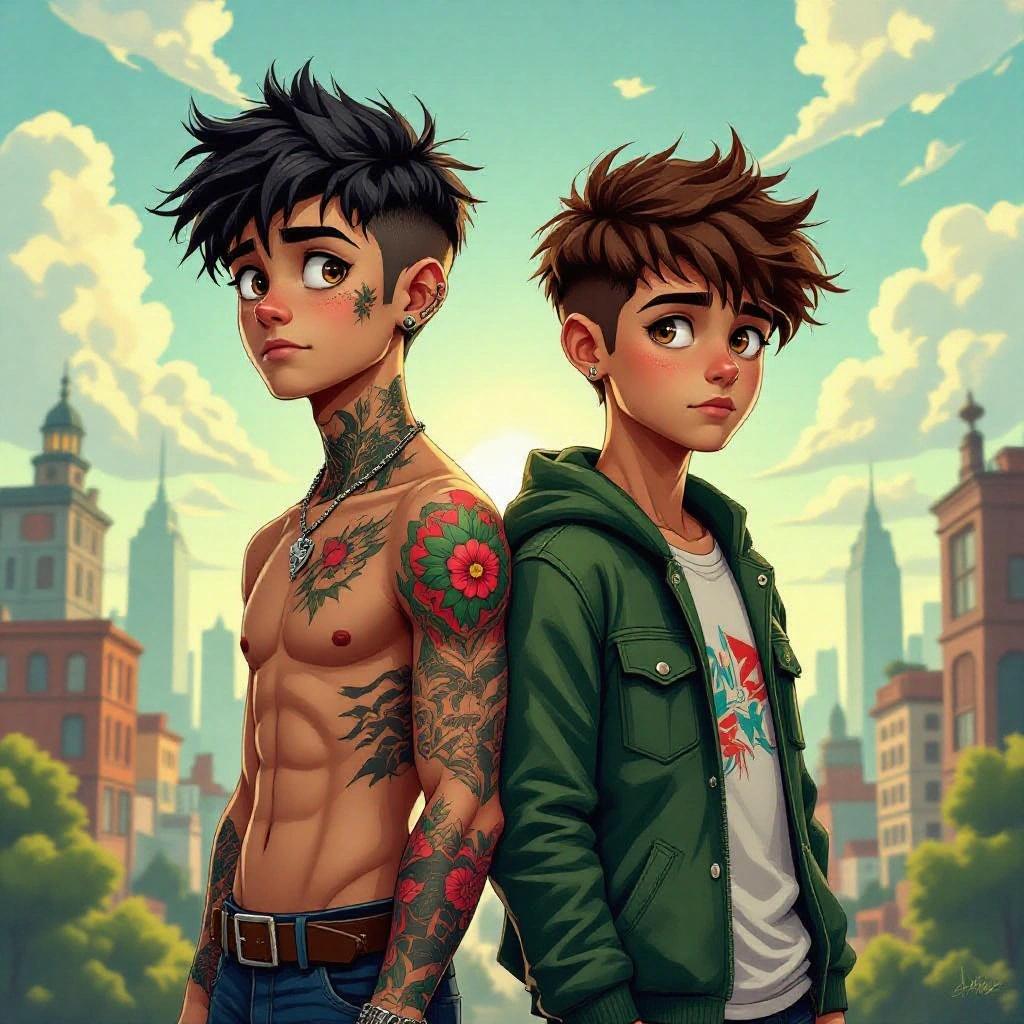 Semi-realistic illustration of two friends in an urban fantasy landscape. One friend has short dark hair, an athletic build, and is covered in tattoos. The other friend is slim with brown eyes, has a simple appearance, and stands back to back with the tattooed friend.