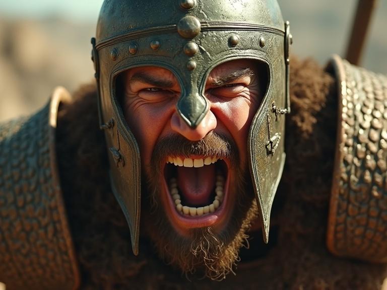 Extreme close-up of a furious Philistine warrior giant. Warrior wears scale bronze armor and distinctive helmet. Warrior roars with brutality. Camera slightly shakes to emphasize impact. Cinematic and realistic with natural light and high detail.