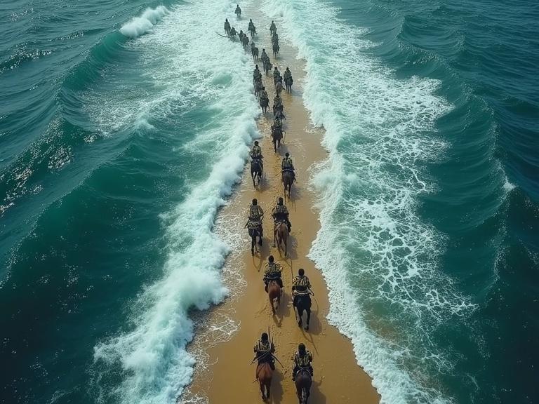 Dramatic overhead shot of a raging sea with deep blue waters and foamy white crests parting into vertical sections. In the center, a wet sand seabed with exposed rocks and seaweed forms a dry path. In the distance, an army of Egyptian chariots pulled by dark horses with soldiers carrying spears and shields is being engulfed by returning waters, creating whirlpools and giant waves.
